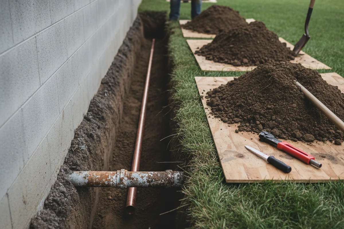 Excavated water line trench during Water Heater Repair in Placerville